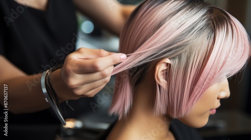 Hairdresser expertly applying hair dye to customer s hair in close up salon shot