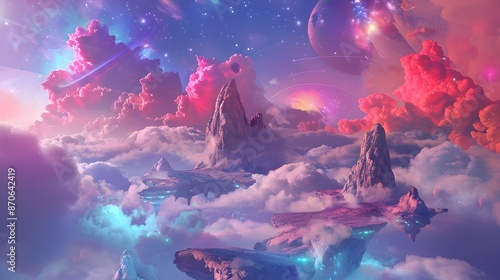 Captivating Cosmic Landscape with Towering Mountainous Formations and Ethereal Planetary Skies