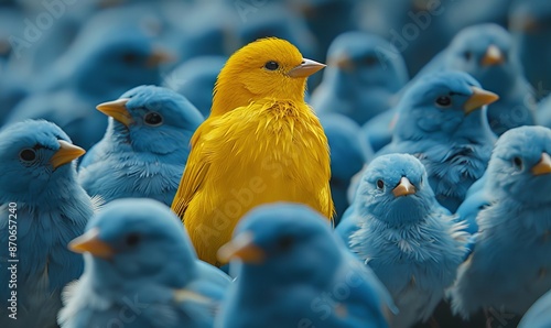 A vibrant yellow bird stands out in a crowd of identical blue birds, symbolizing individuality, uniqueness, and the courage to be different in a conformist society, Generative AI