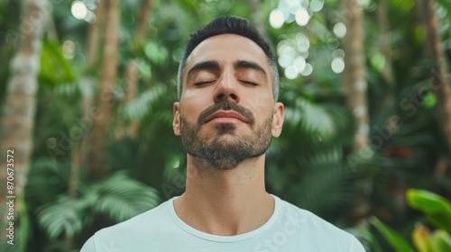 Focused man practicing deep breathing exercises in a lush green forest, breathwork, inner calm, nature connection