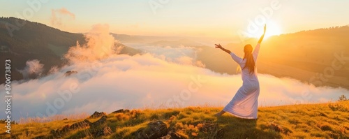 Woman doing Tai Chi on a grassy hill at sunrise, with mist rising from the valley below, relaxation, nature harmony