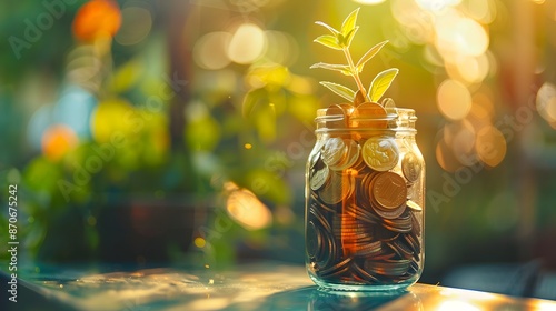 A glass jar filled with coins sits on the table, symbolizing saving money for the future. Sunlight shining through a window illuminates the green blurred background.