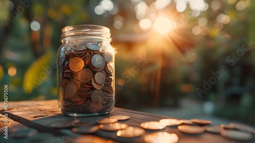 A glass jar filled with coins sits on the table, symbolizing saving money for the future. Sunlight shining through a window illuminates the green blurred background.