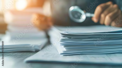 Accountant examining financial discrepancies, with a magnifying glass and documents, highlighting forensic accounting and investigation