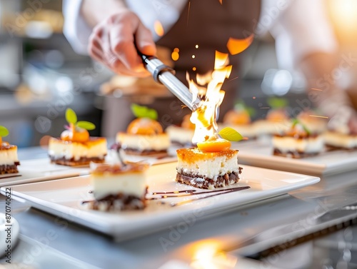 Chef using a blowtorch to caramelize a creme brulee, illustrating precision and attention to detail in dessert preparation