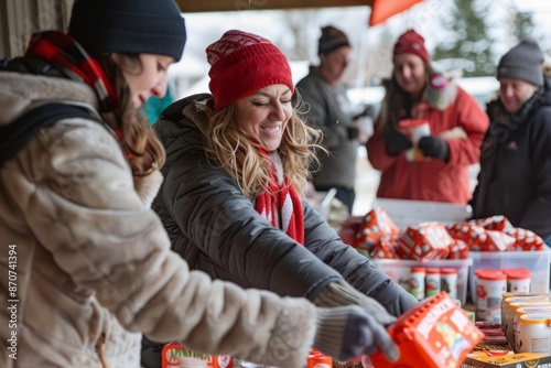 A local community engaging in holiday charity work, such as distributing food or gifts to those in need, highlighting the spirit of giving and community support