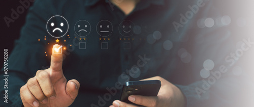 Customer Experience dissatisfied Concept. Bad review and service dislike poor quality, low rating, bad social media not good. man Rate dissatisfaction with sad face icon with one star. 