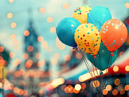 Colorful settings in a bustling carnival, showcasing cheerful tones and saturated hues, close up, festival theme, vibrant, overlay, with a backdrop of bright tents and balloons