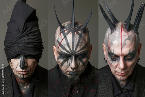 Three men with unique horn and face makeup, showcasing creative and dramatic body modification and fashion in striking portraits.