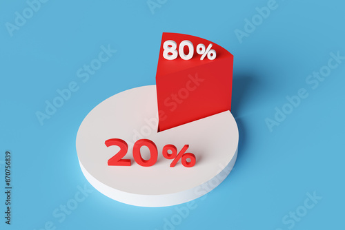 Pie chart with a larger white section and a smaller red section on blue background. Illustration of the concept of the Pareto Principle 80-20 rule and unfairness