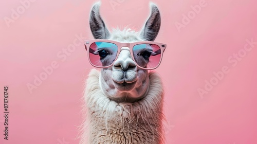 A Llama in Pink Sunglasses - A llama sporting pink sunglasses stares straight ahead on a pink background. - A llama sporting pink sunglasses stares straight ahead on a pink background.