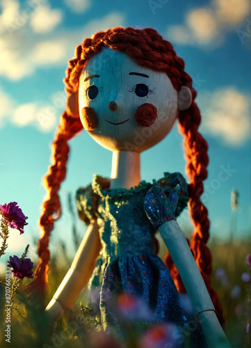 One wooden puppets, a red-haired girl with braids, happy, dressed in steiner style fabric 