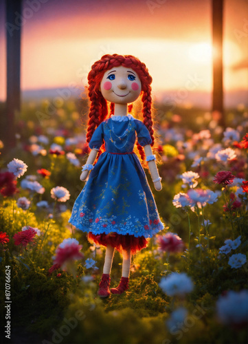 One wooden puppets, a red-haired girl with braids, happy, dressed in steiner style fabric 