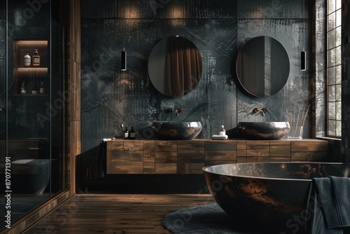 Dark bathroom interior with black and wooden walls, wooden floor, black bathtub and round mirror.