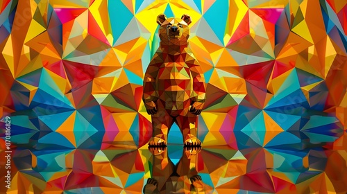 Vibrant Geometric Cartoon Bear 3D Standing in Abstract Backdrop