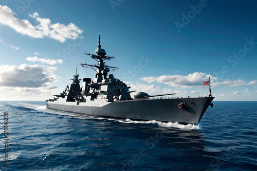 Battleship warship corvette sailing in blue open sea. Military ship floats at skyline scenery, military control of sea. Protection of water state borders. Naval forces army concept. Copy ad text space