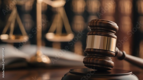 Wooden gavel resting on a desk with justice scales and law books in the background, symbolizing the judicial system and legal proceedings.