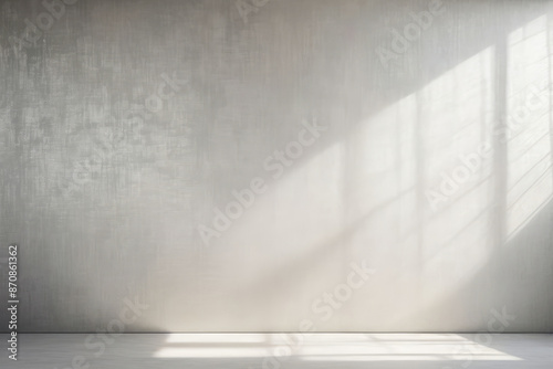 Realistic and minimalist blurred natural light windows, shadow overlay on wall paper texture, abstract background. Minimal abstract light grey background for product presentation