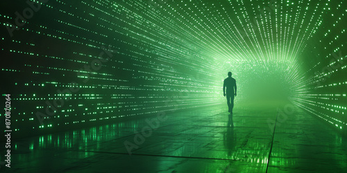 Gradient Descent, Activation Function, Overfitting, Regularization, Dropout concept art. Silhouette of a person walking. High Tech concept art. Glowing green light