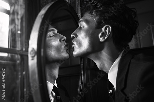 Monochrome photo of a handsome man trying to kiss his own image in a mirror, narcissism concept