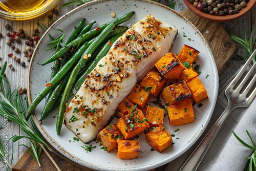 Photo of swordfish fillet with green beans and sweet potato on a white plate, with a fork, knife and napkin on a wooden background 