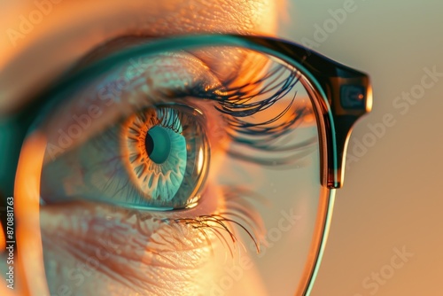 A close-up shot of an individual's eye with glasses, showcasing details of the facial feature