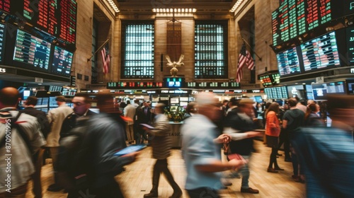 Blurred motion of traders and investors on a bustling stock exchange trading floor with numerous digital displays.