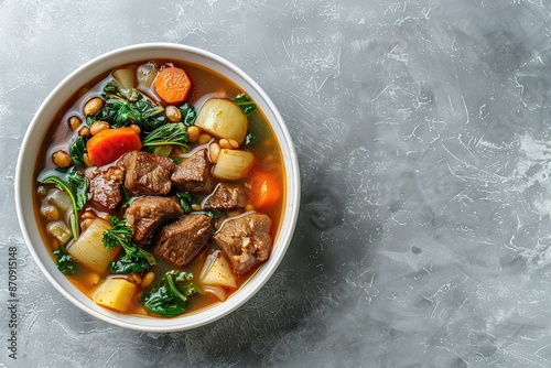 Top view of beef and bean soup with vegetables in a white bowl on a gray background, in a flat lay, copy space concept