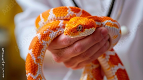 Veterinarian examining corn snake with stethoscope