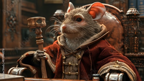Diminutive Authoritative Mouse Judge Presides in Opulent Judicial Chamber