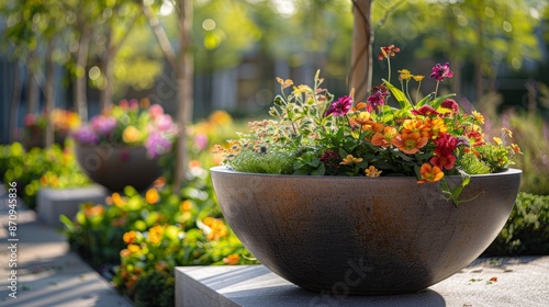 Round garden planter with colorful flowers in background realistic photo for article thumbnail