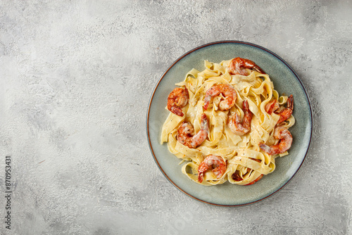 tagliatelli with shrimp, in cream sauce, with parmesan cheese, homemade, no people, in