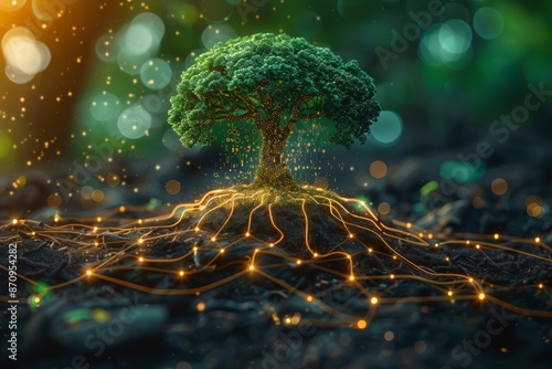 Tree with its roots transforming into digital cables, connecting network green technologies, this image symbolizes synergy between nature, technology, sustainable solutions combat climate change.