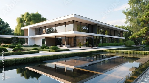 A sleek and modern minimalistic home exterior with clean lines and large windows, nestled amidst a serene landscape of manicured gardens and a tranquil reflecting pool.