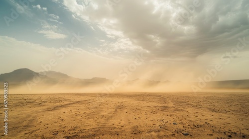 Vast desert wasteland wide angle view of dusty sandstorm sweeping across arid landscape