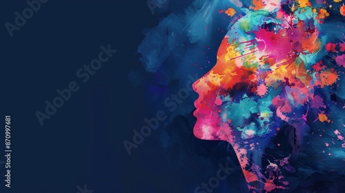 Profile of head filled with watered bright colors. Blue background, copy space. Concept of loosing concentration, getting dementia, or lost of mental health.