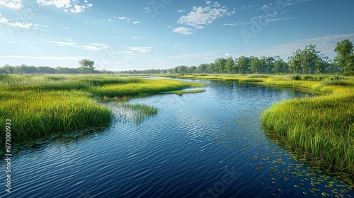 A realistic photo of a wetland ecosystem, rich in biodiversity, emphasizing the significance of wetland preservation and the need for habitat protection. , Minimalism,