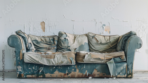 A heavily damaged sofa, where the empty area on its upholstery is decorated with traces of intensive use. Damage such as abrasions and tears in the material indicate a long service life.