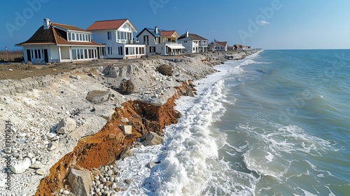 Realistic photo of coastal erosion's impact on a seaside community, with homes perilously close to the edge, emphasizing the human cost of natural phenomena. , Minimalism,