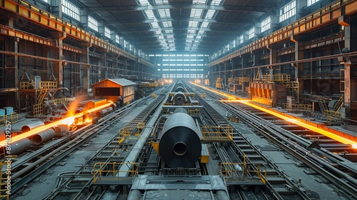 An artistic depiction of a steel mill with furnaces, rolling mills, and heavy machinery, showcasing the industrial processes involved in steel production. , Minimalism,