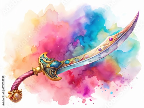 Vibrant colorful illustration of a ornate curved scimitar sword with intricate Ottoman-inspired patterns and golden accents on a white isolated background.