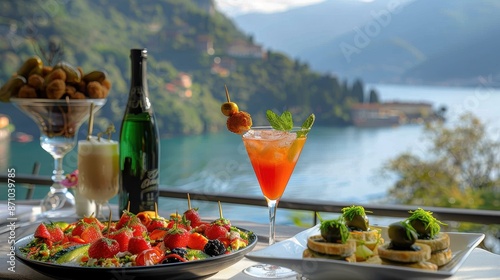 This stunning image depicts exquisite dining by the lake featuring a gourmet spread of dishes and fine drinks, capturing a harmonious blend of luxury, nature, and culinary excellence.