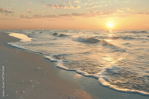 A tranquil beach scene with warm sunset hues and gentle waves caressing the shore. The perfect setting to unwind and relax.