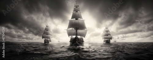 Black and white illustration of Columbuss three ships sailing on the open ocean