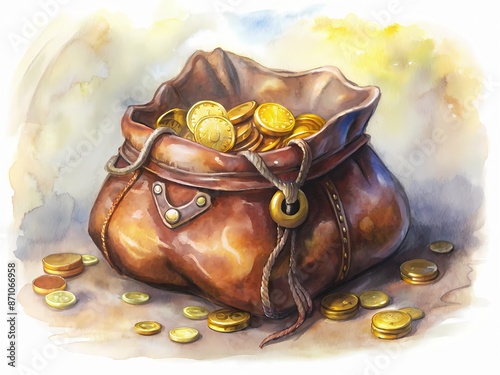 A worn leather bag overflowing with crisp cash, gold coins, and precious jewels, symbolizing wealth and prosperity, set against a clean white background.