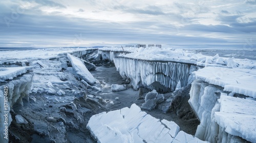 Melting permafrost in the Arctic, causing the ground to slump and destabilize infrastructure.