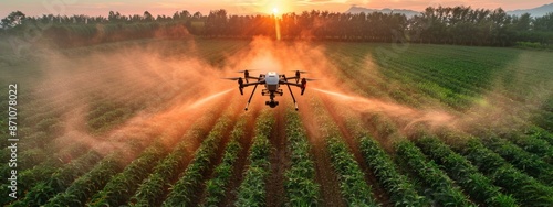 Future farming - agriculture drone fertilizing a field, innovative technology enhancing crop yield and efficiency, revolutionizing modern agricultural practices for sustainable growth.