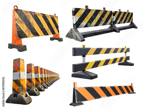 Set of side view road distressed rustic barricade barrier sign post, warning danger crime criminal safety construction caution on transparent cutout PNG file. Mockup template for design