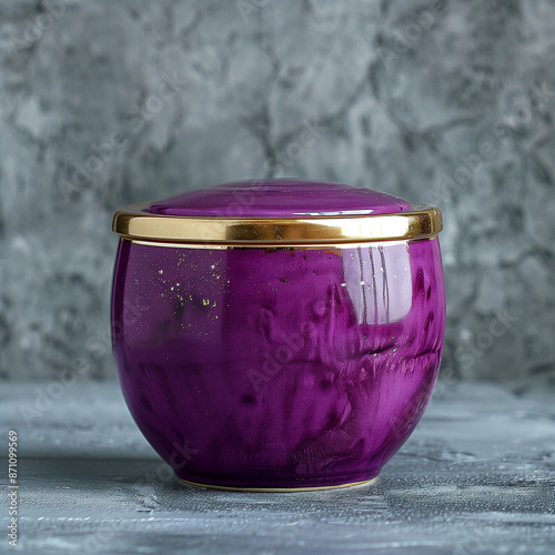 Violet Soap Dish with Lid on Silver Grey Background: Close-up View