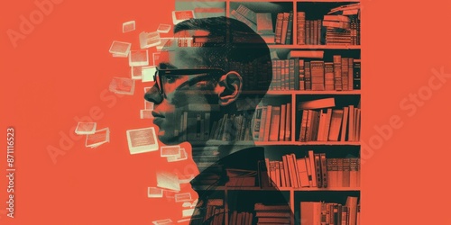 A man wearing glasses is reading a book in a library. AIGZ01